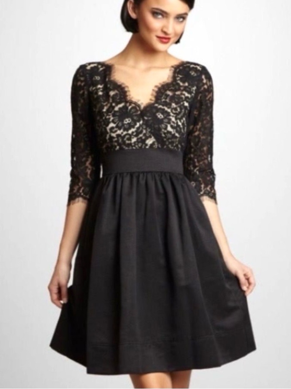 Eliza J Black Lace & Faille Fit & Flare Dress Size 10 V-Neck 3/4 Sleeve Pockets